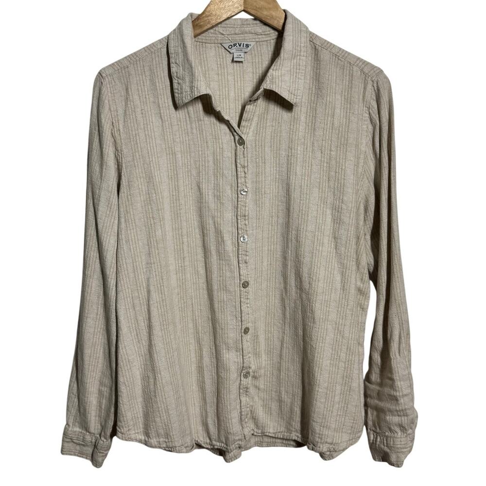 Orvis Button Up Linen Shirt Women L Tan Beige Long Sleeve Coastal Minimal Modest - Picture 1 of 10